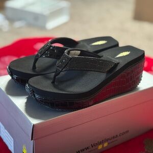 Volatile Croc-Embossed Black Wedge Sandals